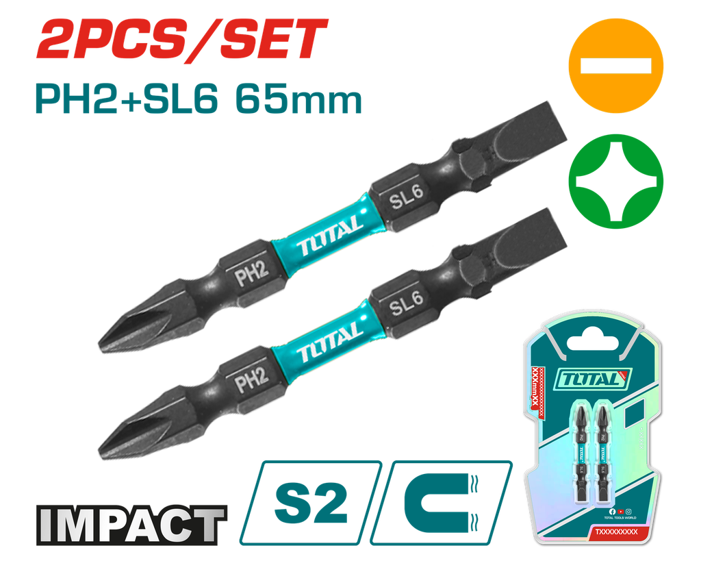 2PCS PH2+SL6 X 2-1/2" Impact screwdriver bits set