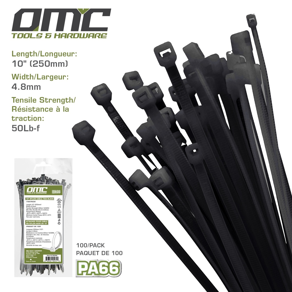 10" Nylon Cable Ties Black (100-Pack)