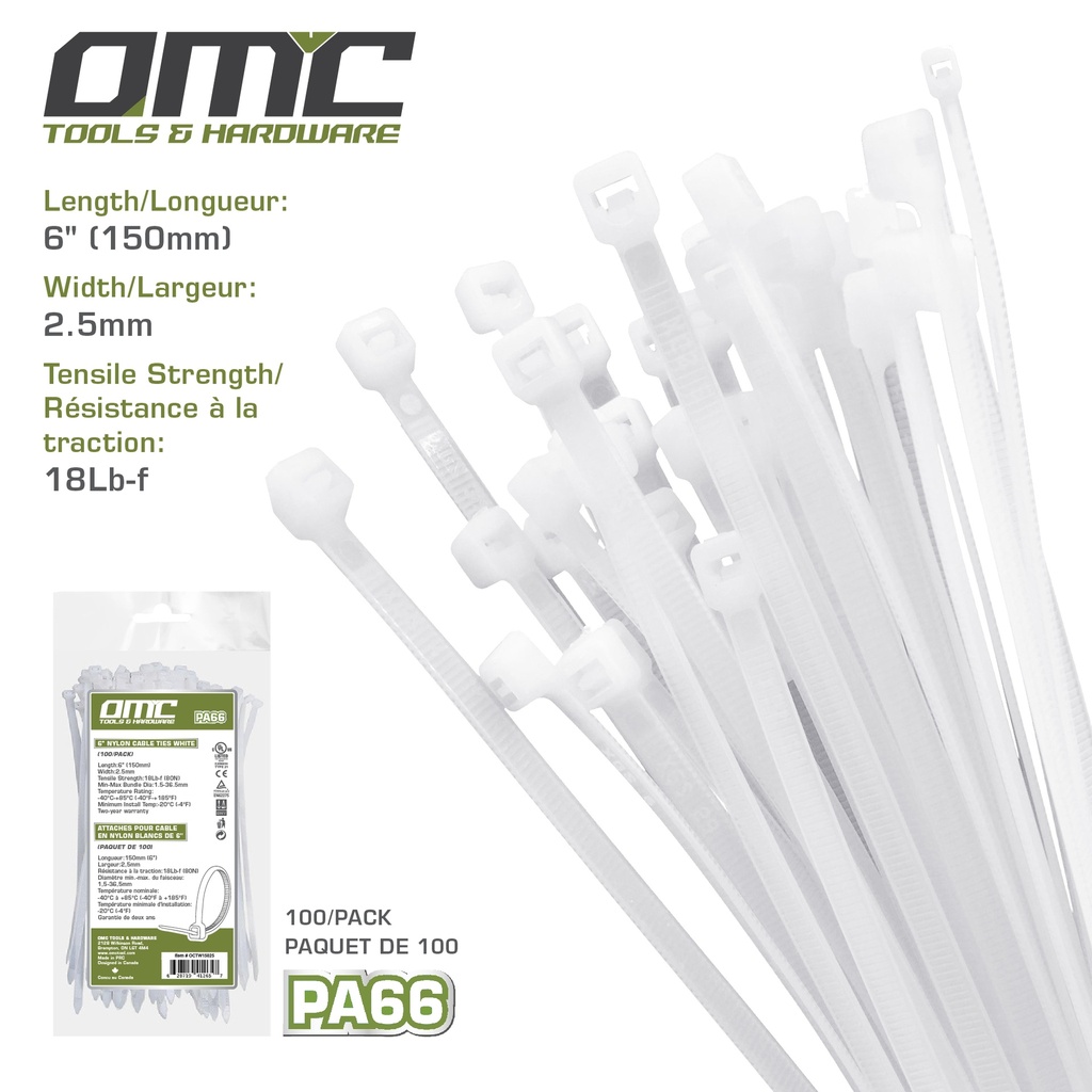 [OCTW15025] 6" Nylon Cable Ties White (100-Pack)