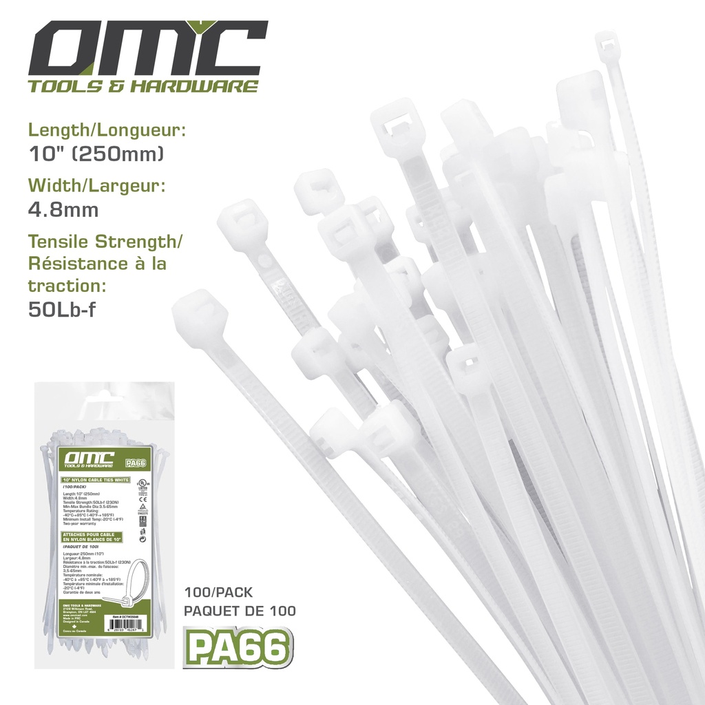 10" Nylon Cable Ties White (100-Pack)
