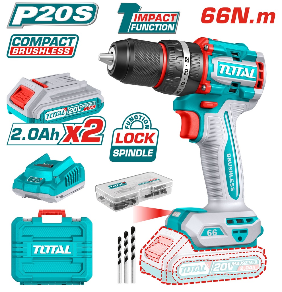 20vx1/2" perceuse à percussion sans fil brushless compacte ensemble