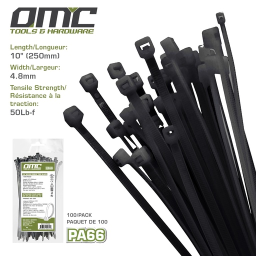 [OCTB25048] 10" Nylon Cable Ties Black (100-Pack)
