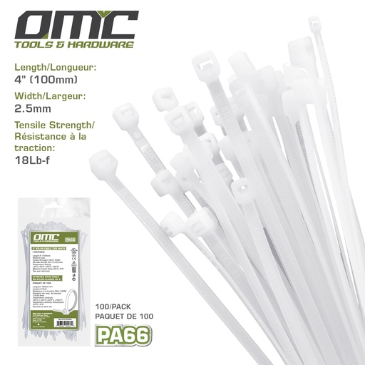 [OCTW10025] Attaches Pour Cable en nylon blancs de 4" (paquet de 100)